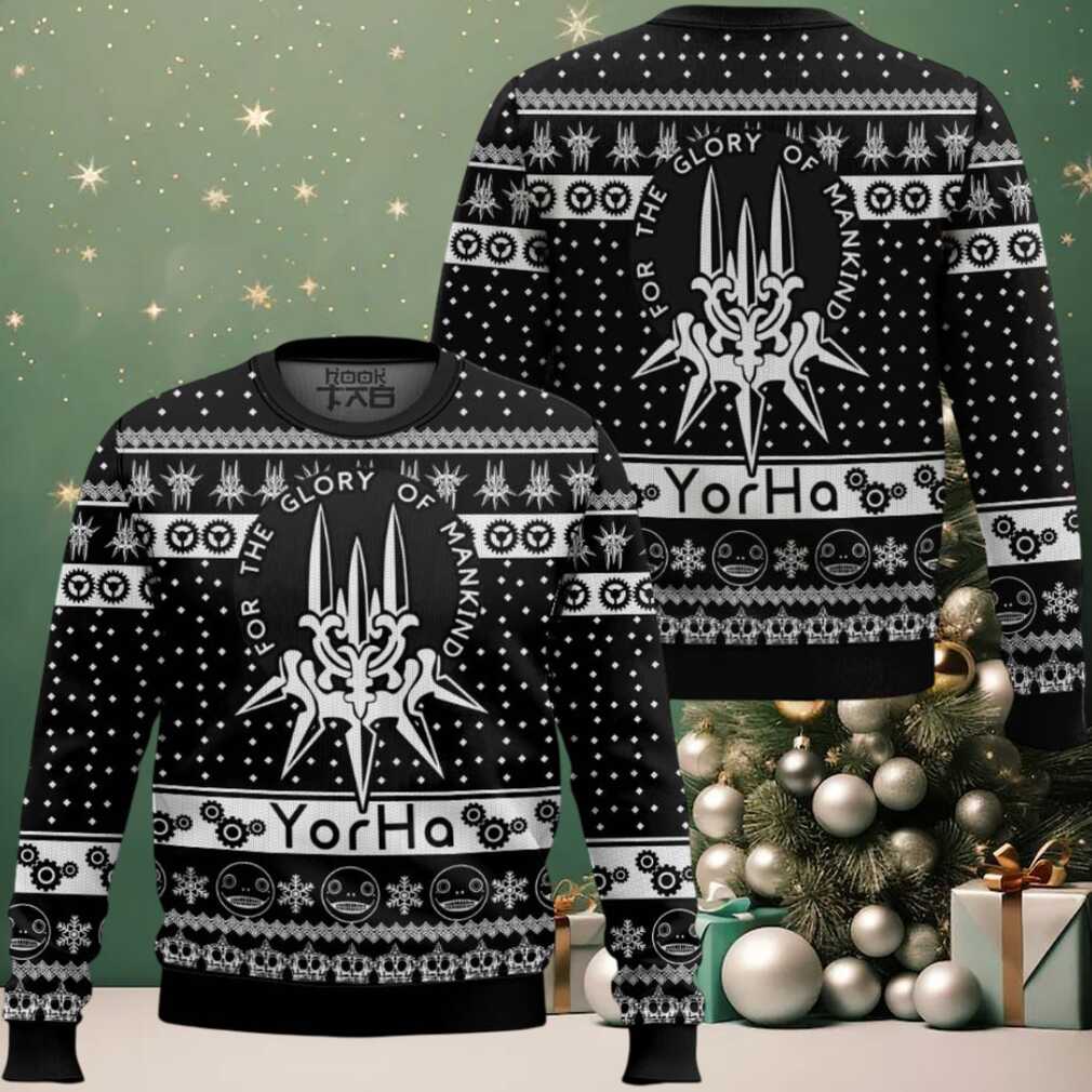 Glory to Mankind Yorha Nier Automata Ugly Christmas Sweater, hoodie, sweater, long sleeve and tank top Glory to Mankind Yorha Nier Automata Ugly Christmas Sweater - Front View