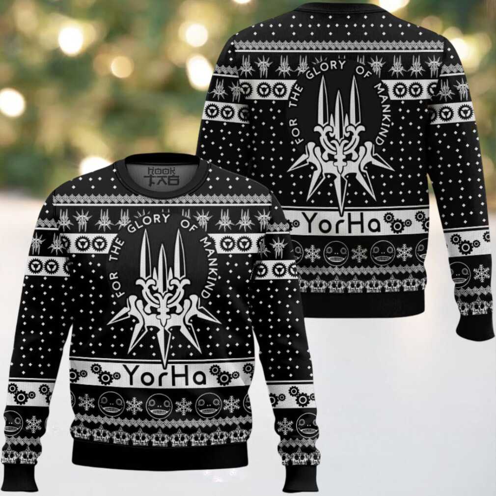 Glory to Mankind Yorha Nier Automata Ugly Christmas Sweater, hoodie, sweater, long sleeve and tank top Glory to Mankind Yorha Nier Automata Ugly Christmas Sweater - Detail View