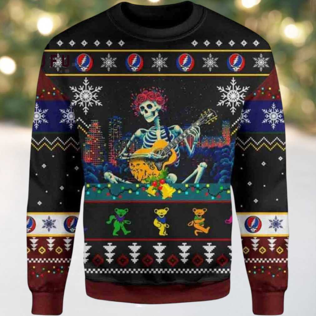 Grateful Dead Skull Skeleton Play Guitar Ugly Christmas 3D Printed Sweater Grateful Dead Skull Skeleton Play Guitar Ugly Christmas 3D Printed Sweater