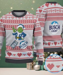 Gray & Red Heart Pattern “Busch Light Grinch Santa” Ugly Christmas Sweater