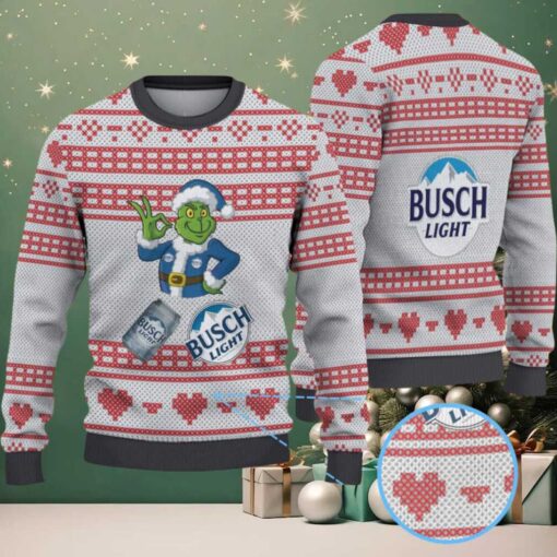 Gray & Red Heart Pattern “Busch Light Grinch Santa” Ugly Christmas Sweater
