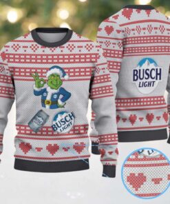 Gray & Red Heart Pattern “Busch Light Grinch Santa” Ugly Christmas Sweater