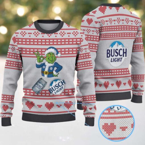 Gray & Red Heart Pattern “Busch Light Grinch Santa” Ugly Christmas Sweater