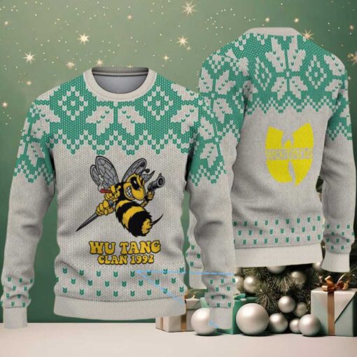 Gray and Green Snowflake Knit “Wu Tang Clan 1992 Bee Logo” Ugly Christmas Sweater
