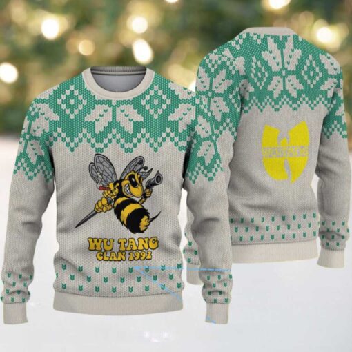 Gray and Green Snowflake Knit “Wu Tang Clan 1992 Bee Logo” Ugly Christmas Sweater