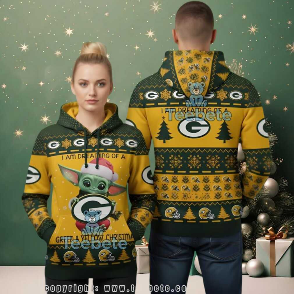Green Bay Packers Baby Yoda Dreaming Of Green Yellow 3D Ugly Christmas Hoodie, hoodie, sweater, long sleeve and tank top Green Bay Packers Baby Yoda Dreaming Of Green Yellow 3D Ugly Christmas Hoodie worn casually