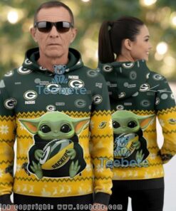 Green Bay Packers Baby Yoda Grogu Football 3D Ugly Christmas Hoodie Green Bay Packers Baby Yoda Grogu Football 3D Ugly Christmas Hoodie