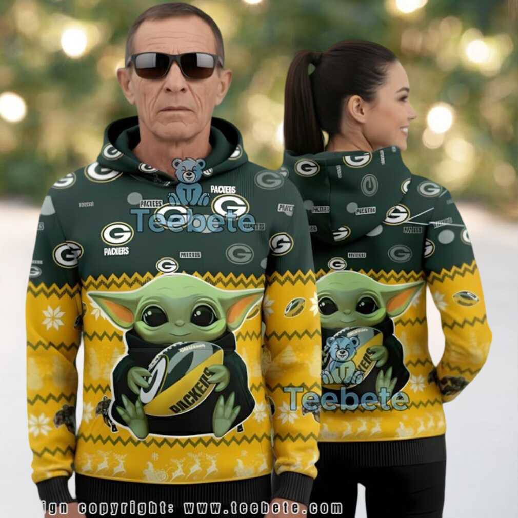 Green Bay Packers Baby Yoda Grogu Football 3D Ugly Christmas Hoodie Green Bay Packers Baby Yoda Grogu Football 3D Ugly Christmas Hoodie