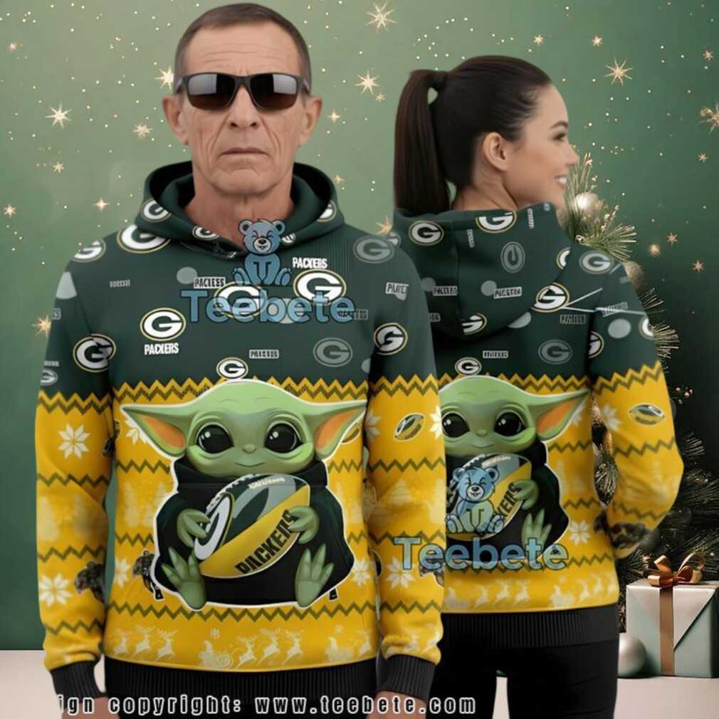 Green Bay Packers Baby Yoda Grogu Football 3D Ugly Christmas Hoodie Green Bay Packers Baby Yoda Grogu Football 3D Ugly Christmas Hoodie