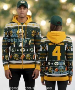 Green Bay Packers Brett Favre 4 Christmas Ugly 3D Zip Up Hoodie Green Bay Packers Brett Favre 4 Christmas Ugly 3D Zip Up Hoodie