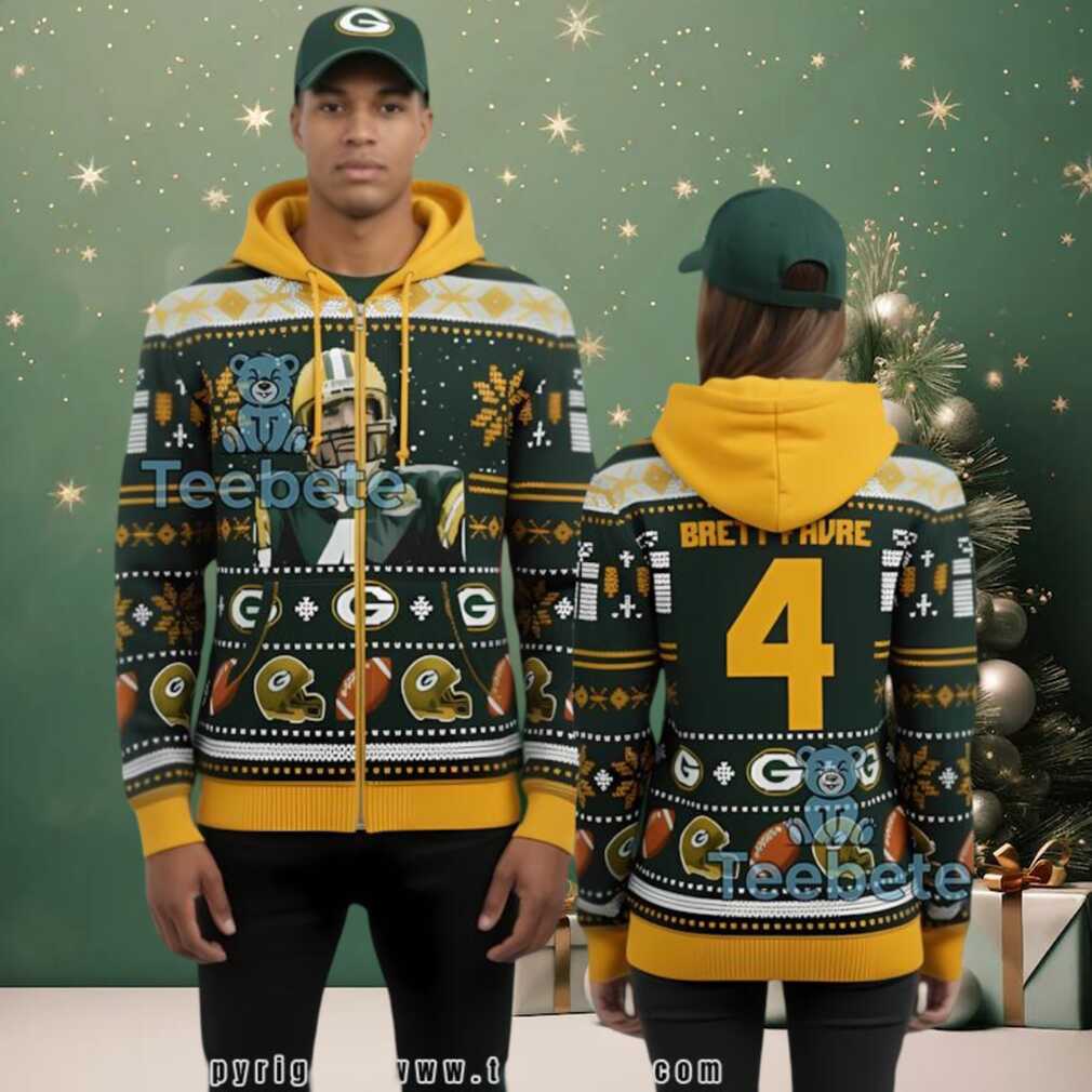 Green Bay Packers Brett Favre 4 Christmas Ugly 3D Zip Up Hoodie Green Bay Packers Brett Favre 4 Christmas Ugly 3D Zip Up Hoodie