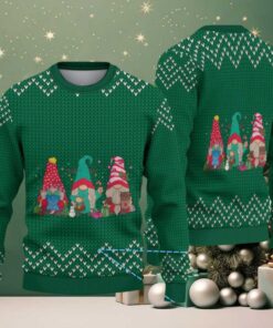 Green Christmas Gnomes with Zigzag Knit Tree Pattern Vintage Ugly Christmas Sweater