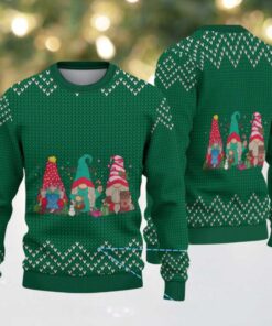 Green Christmas Gnomes with Zigzag Knit Tree Pattern Vintage Ugly Christmas Sweater