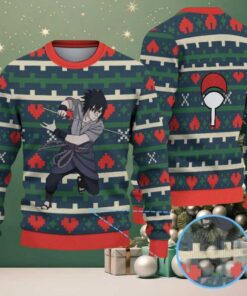 Green Red Beige Geometric Pattern Sasuke Uchiha Naruto Ugly Christmas Sweater