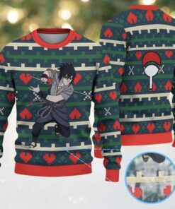 Green Red Beige Geometric Pattern Sasuke Uchiha Naruto Ugly Christmas Sweater