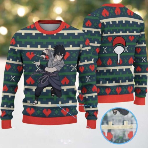 Green Red Beige Geometric Pattern Sasuke Uchiha Naruto Ugly Christmas Sweater