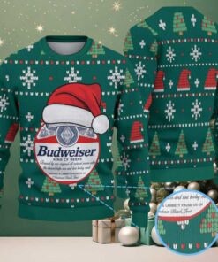 Green Red Holiday Pattern Budweiser Santa Hat “King of Beers” Ugly Christmas Sweater