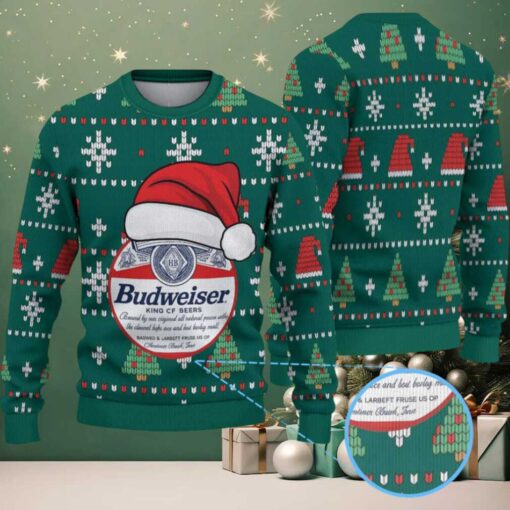 Green Red Holiday Pattern Budweiser Santa Hat “King of Beers” Ugly Christmas Sweater