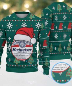 Green Red Holiday Pattern Budweiser Santa Hat “King of Beers” Ugly Christmas Sweater