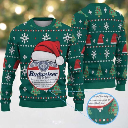 Green Red Holiday Pattern Budweiser Santa Hat “King of Beers” Ugly Christmas Sweater