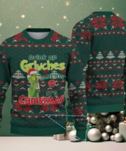 Green Red Snowflake and Tree Pattern “Drink Up Grinches – It’s Christmas” Ugly Christmas Sweater Featuring Jameson Irish Whiskey
