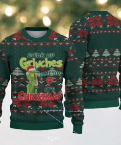 Green Red Snowflake and Tree Pattern “Drink Up Grinches – It’s Christmas” Ugly Christmas Sweater Featuring Jameson Irish Whiskey