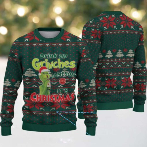 Green Red Snowflake and Tree Pattern “Drink Up Grinches – It’s Christmas” Ugly Christmas Sweater Featuring Jameson Irish Whiskey