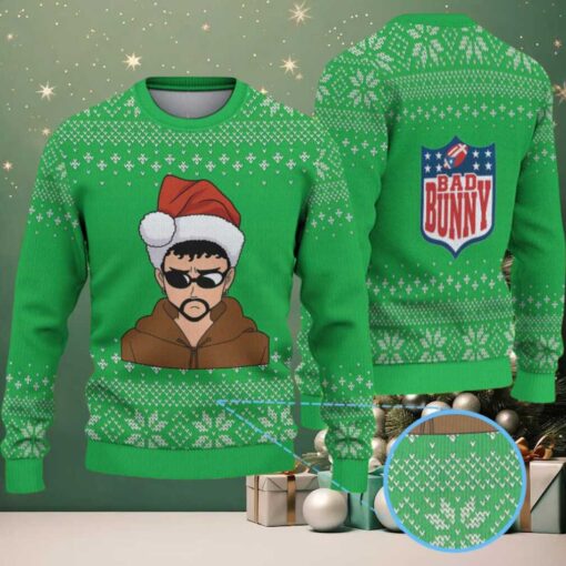 Green Snowflake Pattern “Bad Bunny Merry Mood” Ugly Christmas Sweater
