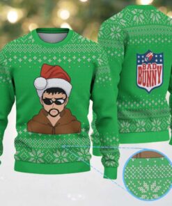 Green Snowflake Pattern “Bad Bunny Merry Mood” Ugly Christmas Sweater