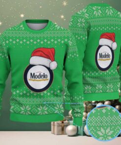 Green Snowflake Pattern “Modelo Beer Santa Hat” Ugly Christmas Sweater