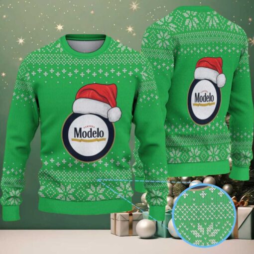 Green Snowflake Pattern “Modelo Beer Santa Hat” Ugly Christmas Sweater