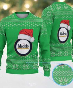 Green Snowflake Pattern “Modelo Beer Santa Hat” Ugly Christmas Sweater
