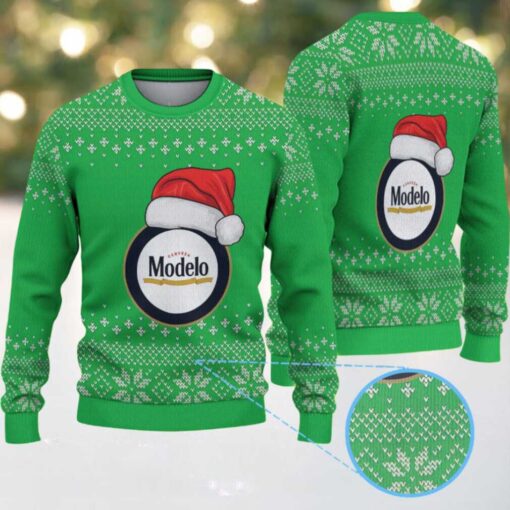 Green Snowflake Pattern “Modelo Beer Santa Hat” Ugly Christmas Sweater