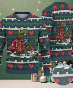 Green Ugly Christmas Sweater with Red Heart Pattern Featuring Dinosaur in Winter Knit