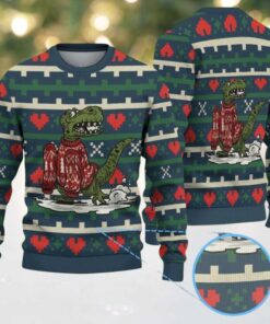 Green Ugly Christmas Sweater with Red Heart Pattern Featuring Dinosaur in Winter Knit