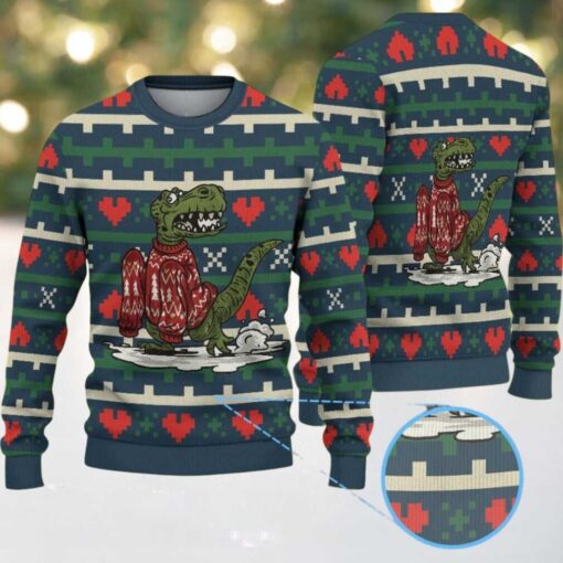 Green Ugly Christmas Sweater with Red Heart Pattern Featuring Dinosaur in Winter Knit