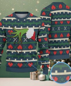 Green Ugly Christmas Sweater with Red Heart Pattern Featuring Nurse Grinch Hand Holding Stethoscope