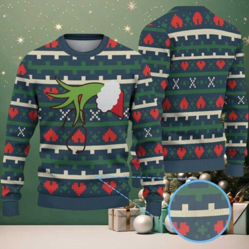 Green Ugly Christmas Sweater with Red Heart Pattern Featuring Nurse Grinch Hand Holding Stethoscope