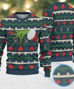Green Ugly Christmas Sweater with Red Heart Pattern Featuring Nurse Grinch Hand Holding Stethoscope
