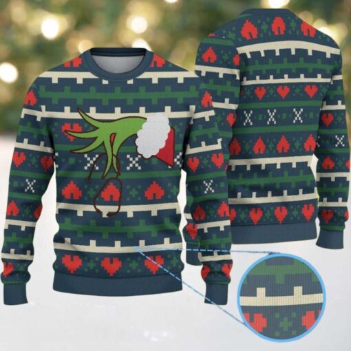 Green Ugly Christmas Sweater with Red Heart Pattern Featuring Nurse Grinch Hand Holding Stethoscope