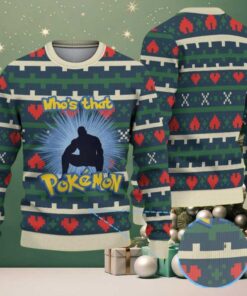 Green Ugly Christmas Sweater with Red Heart and Geometric Patterns Featuring Pokémon Who’s That Pokémon Silhouette
