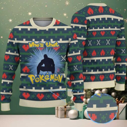 Green Ugly Christmas Sweater with Red Heart and Geometric Patterns Featuring Pokémon Who’s That Pokémon Silhouette