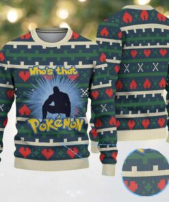 Green Ugly Christmas Sweater with Red Heart and Geometric Patterns Featuring Pokémon Who’s That Pokémon Silhouette