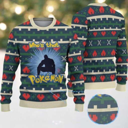Green Ugly Christmas Sweater with Red Heart and Geometric Patterns Featuring Pokémon Who’s That Pokémon Silhouette