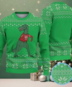 Green Ugly Christmas Sweater with Snowflake Pattern Featuring Dinosaur in Red Knit