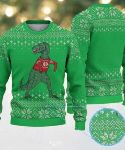 Green Ugly Christmas Sweater with Snowflake Pattern Featuring Dinosaur in Red Knit