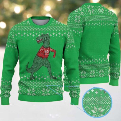 Green Ugly Christmas Sweater with Snowflake Pattern Featuring Dinosaur in Red Knit