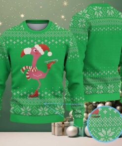 Green Ugly Christmas Sweater with Snowflake Pattern Featuring Festive Flamingo in Santa Hat and Scarf