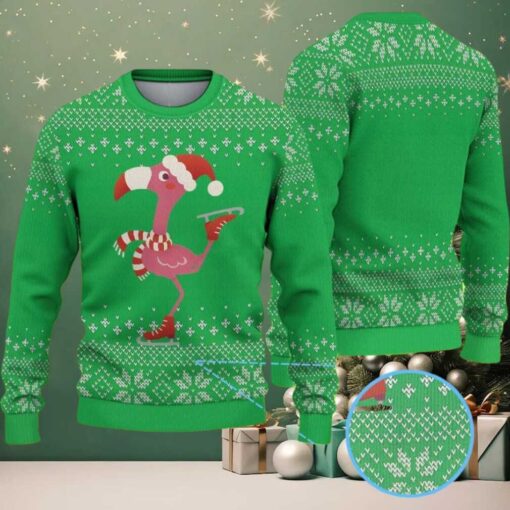 Green Ugly Christmas Sweater with Snowflake Pattern Featuring Festive Flamingo in Santa Hat and Scarf