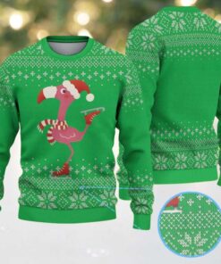 Green Ugly Christmas Sweater with Snowflake Pattern Featuring Festive Flamingo in Santa Hat and Scarf